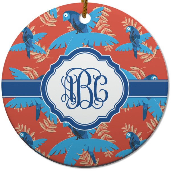 Custom Blue Parrot Round Ceramic Ornament w/ Monogram