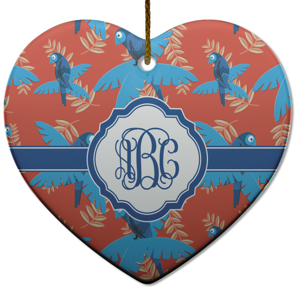 Custom Blue Parrot Heart Ceramic Ornament w/ Monogram