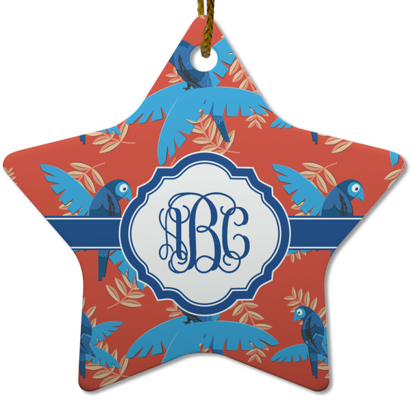 Custom Blue Parrot Star Ceramic Ornament w/ Monogram