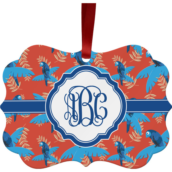 Custom Blue Parrot Metal Frame Ornament - Double Sided w/ Monogram