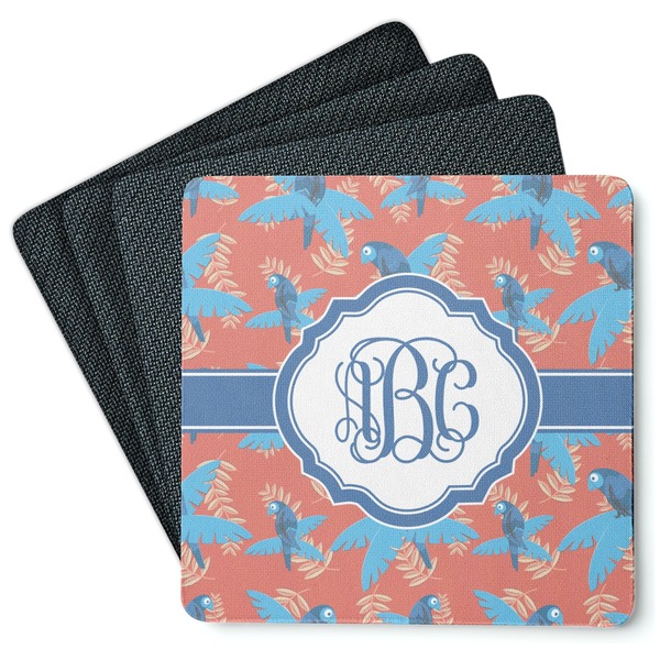 Custom Blue Parrot Square Rubber Backed Coasters - Set of 4 (Personalized)