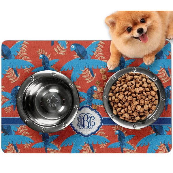 Custom Blue Parrot Dog Food Mat - Small w/ Monogram