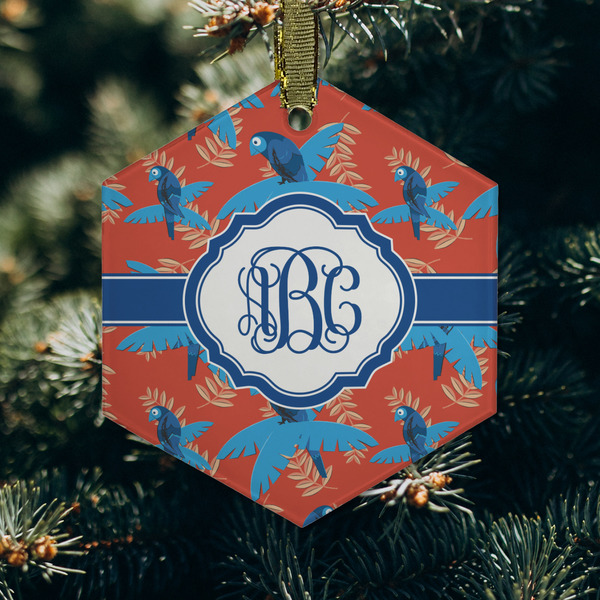 Blue Parrot Frosted Glass Ornament - Hexagon (Lifestyle)