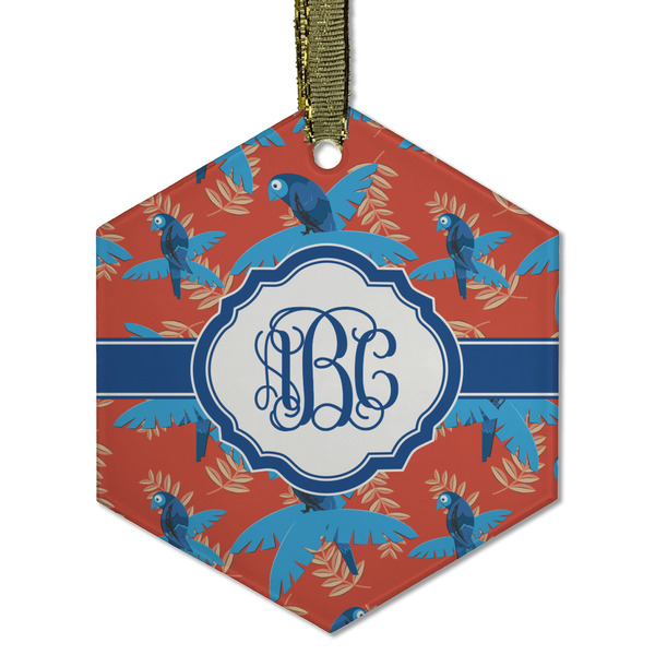 Custom Blue Parrot Flat Glass Ornament - Hexagon w/ Monogram