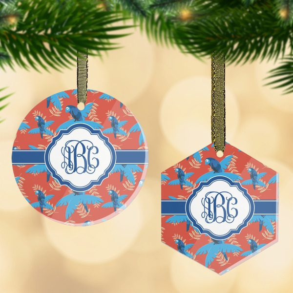 Custom Blue Parrot Flat Glass Ornament w/ Monogram