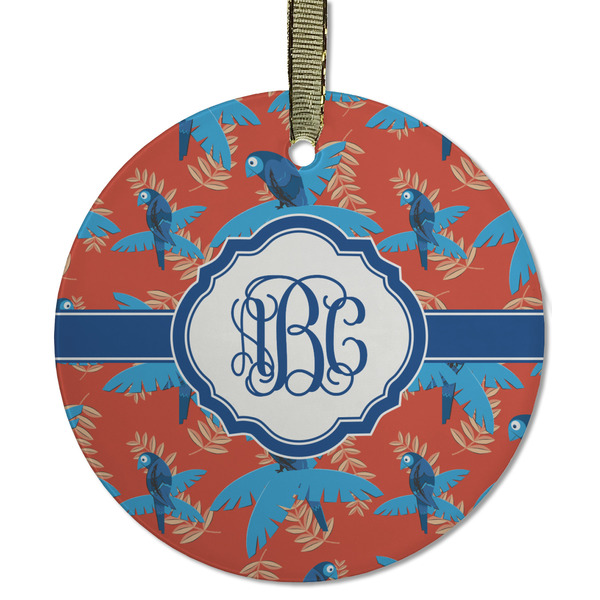 Custom Blue Parrot Flat Glass Ornament - Round w/ Monogram