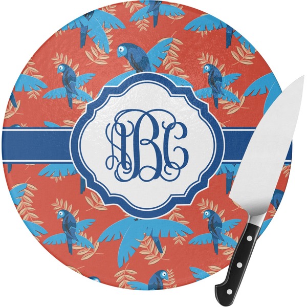 Custom Blue Parrot Round Glass Cutting Board - Medium (Personalized)