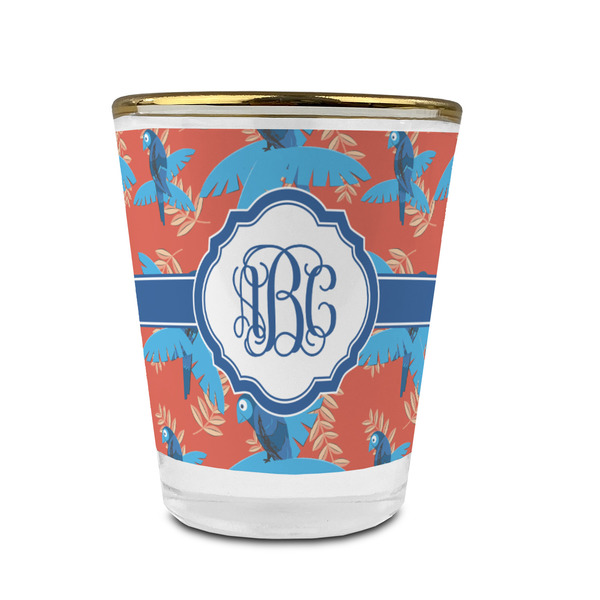 Blue Parrot Glass Shot Glass - With gold rim - FRONT