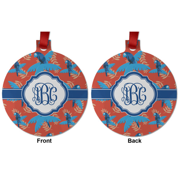 Blue Parrot Metal Ball Ornament - Front and Back