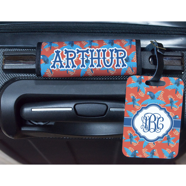 Blue Parrot Metal Luggage Tag & Handle Wrap - In Context