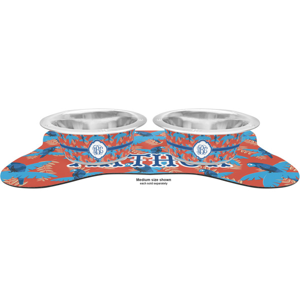 Blue Parrot Metal Pet Bowls - On Dog Bone Shaped Mat