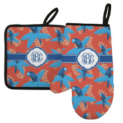 Blue Parrot Left Oven Mitt & Pot Holder Set w/ Monogram
