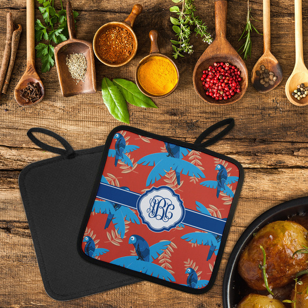 Blue Parrot Neoprene Pot Holder - Set of 2  LIFESTYLE (Flatlay)