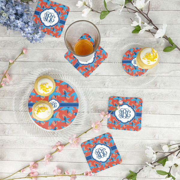 Blue Parrot Paper Coasters - In Context