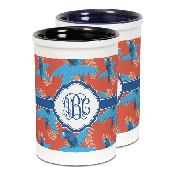 Custom Blue Parrot Ceramic Pencil Holder - Large