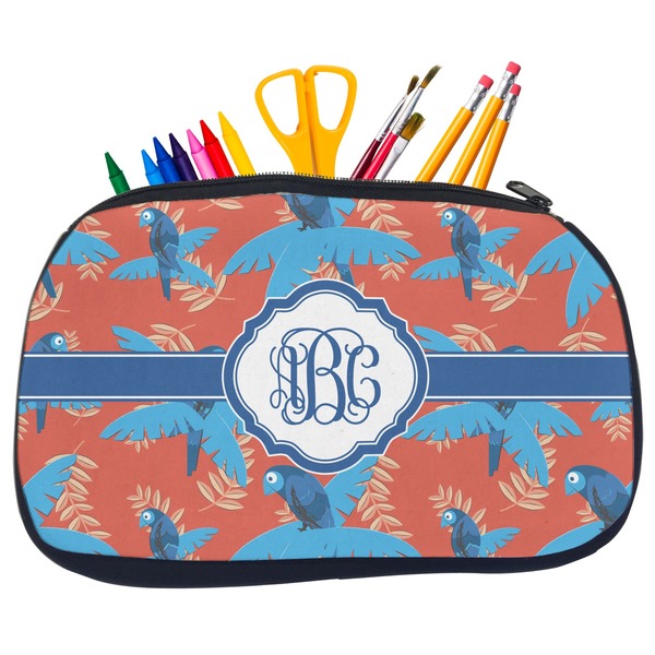 Custom Blue Parrot Neoprene Pencil Case - Medium w/ Monogram