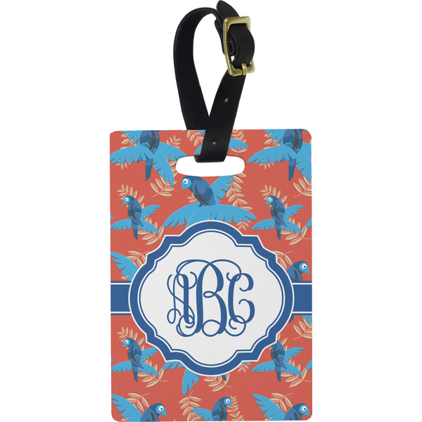 Custom Blue Parrot Plastic Luggage Tag - Rectangular w/ Monogram