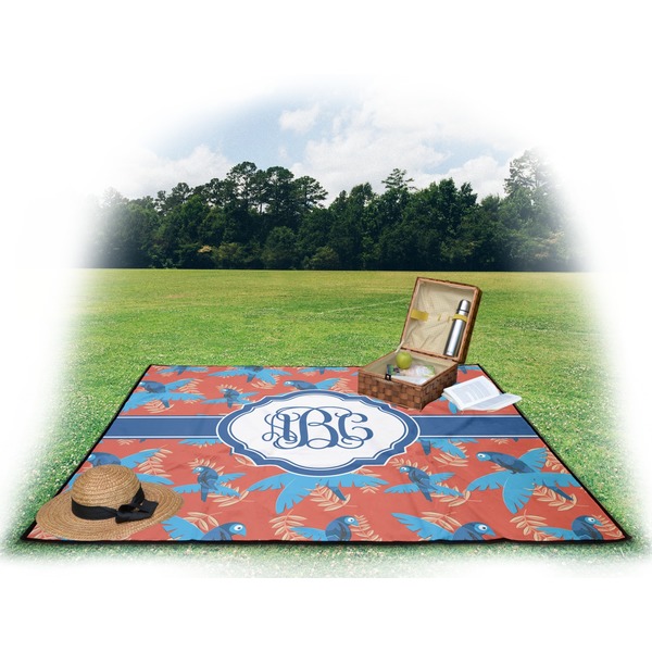 Blue Parrot Picnic Blanket - with Basket Hat and Book - in Use