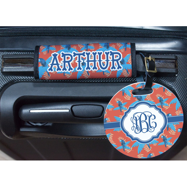 Blue Parrot Round Luggage Tag & Handle Wrap - In Context