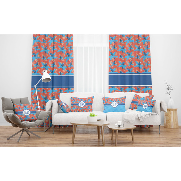 Blue Parrot Sheer and Custom Curtains in Room with Matching Pillows