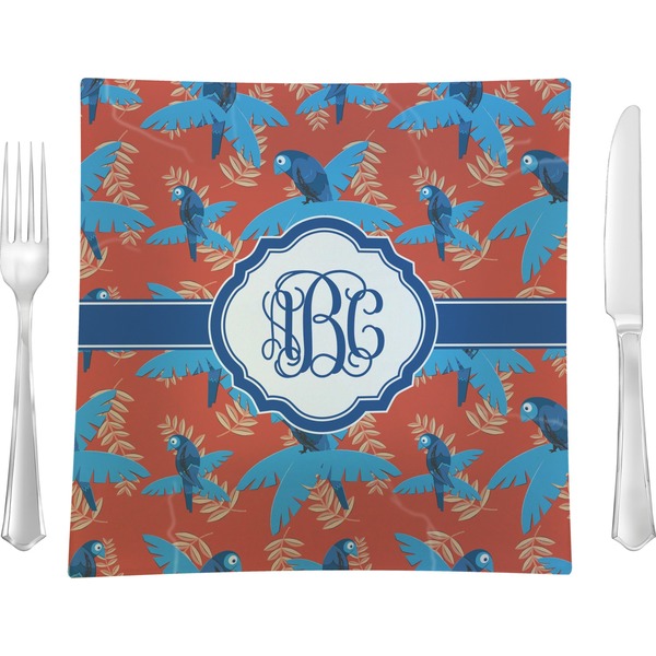 Custom Blue Parrot 9.5" Glass Square Lunch / Dinner Plate- Single or Set of 4 (Personalized)