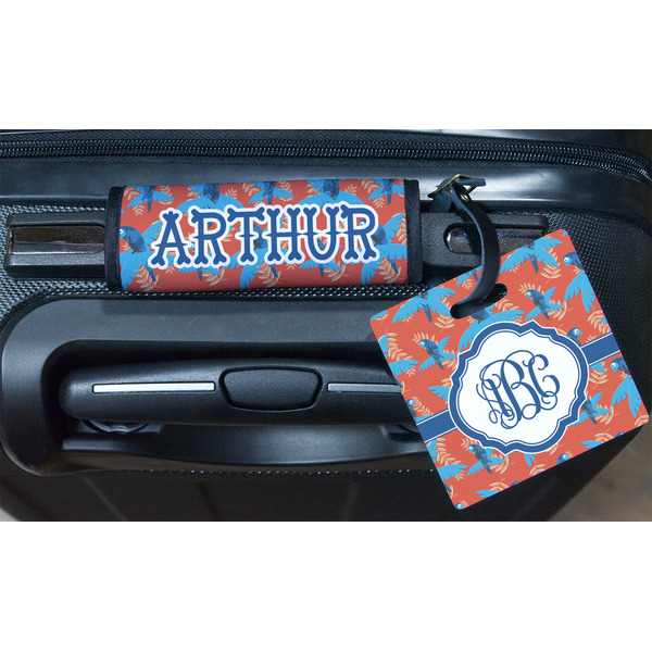 Blue Parrot Square Luggage Tag & Handle Wrap - In Context