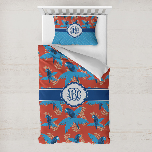 Custom Blue Parrot Toddler Bedding w/ Monogram