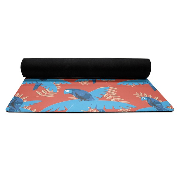 Blue Parrot Yoga Mat Rolled up Black Rubber Backing