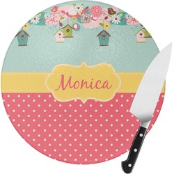 Easter Birdhouses Round Glass Cutting Board - Small (Personalized)