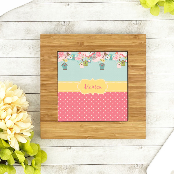 Easter Birdhouses Bamboo Trivet with 6" Tile - LIFESTYLE