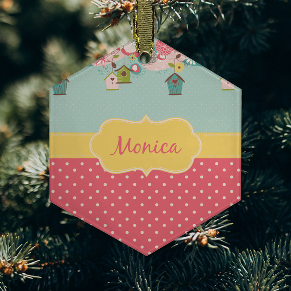 Easter Birdhouses Frosted Glass Ornament - Hexagon (Lifestyle)