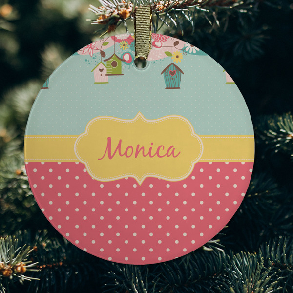 Easter Birdhouses Frosted Glass Ornament - Round (Lifestyle)