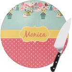 Easter Birdhouses Round Glass Cutting Board - Medium (Personalized)