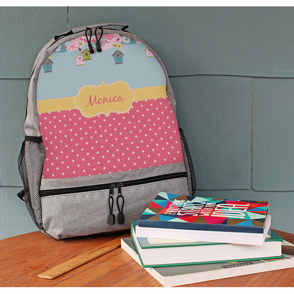 Easter Birdhouses Large Backpack - Gray - On Desk