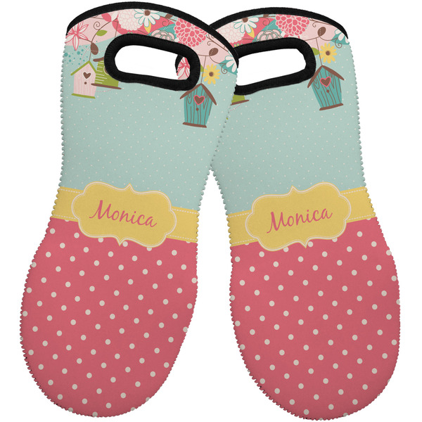 Custom Easter Birdhouses Neoprene Oven Mitts - Set of 2 w/ Name or Text