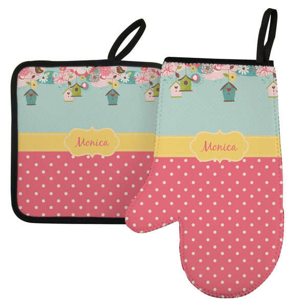 Custom Easter Birdhouses Left Oven Mitt & Pot Holder Set w/ Name or Text