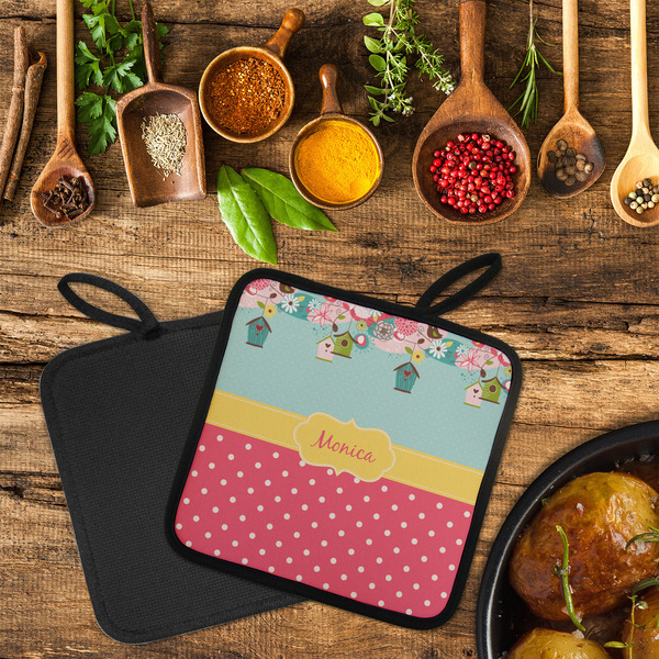 Easter Birdhouses Neoprene Pot Holder - Set of 2  LIFESTYLE (Flatlay)