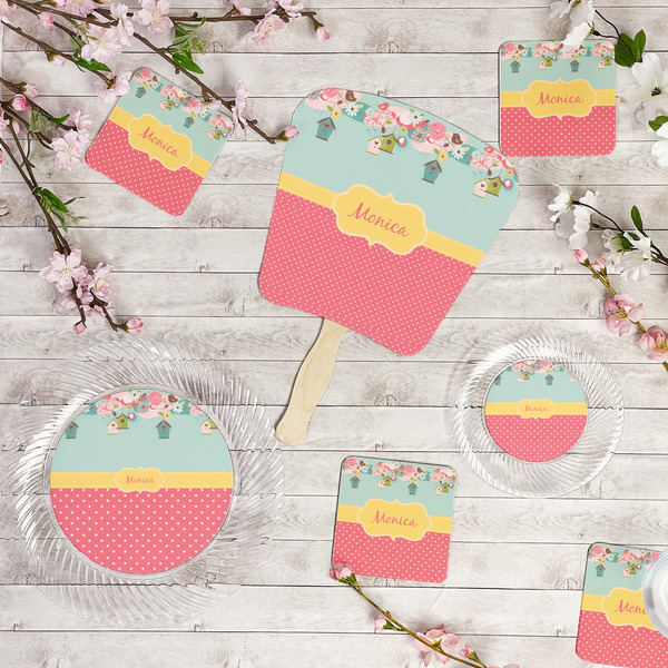 Easter Birdhouses Party Supplies Combination Image - All items - Plates, Coasters, Fans