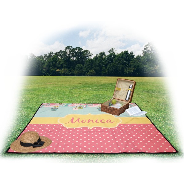 Easter Birdhouses Picnic Blanket - with Basket Hat and Book - in Use
