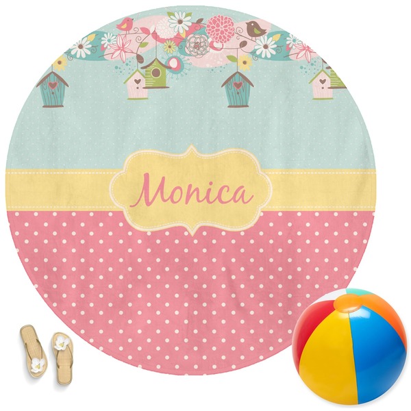 Custom Easter Birdhouses Round Beach Towel (Personalized)