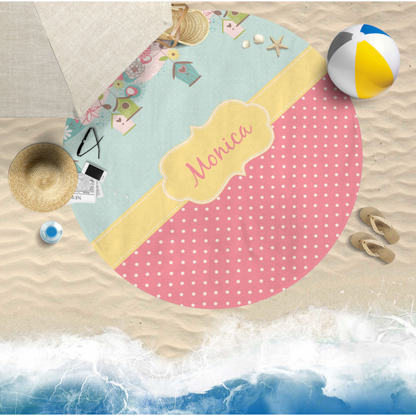 Easter Birdhouses Round Beach Towel Lifestyle