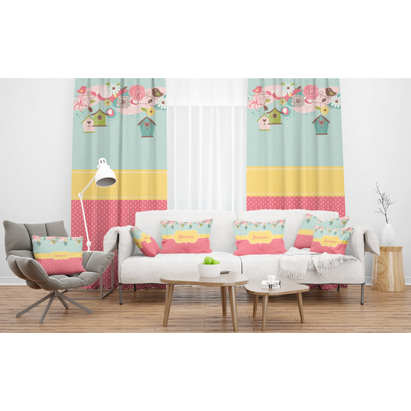 Easter Birdhouses Sheer and Custom Curtains in Room with Matching Pillows