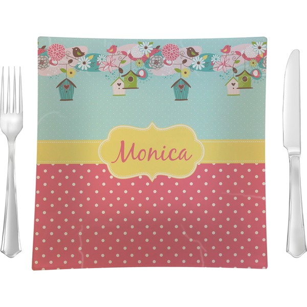 Custom Easter Birdhouses 9.5" Glass Square Lunch / Dinner Plate- Single or Set of 4 (Personalized)