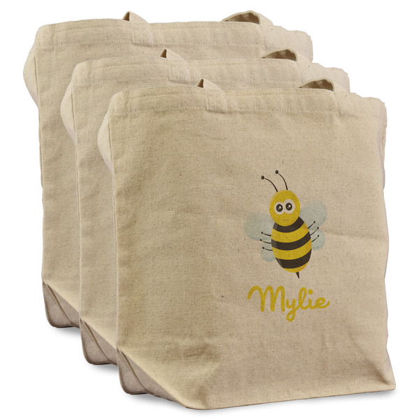 Custom Buzzing Bee Reusable Cotton Grocery Bags - Set of 3 (Personalized)