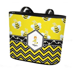 Buzzing Bee Bucket Tote w/ Genuine Leather Trim - Large w/ Front & Back Design (Personalized)