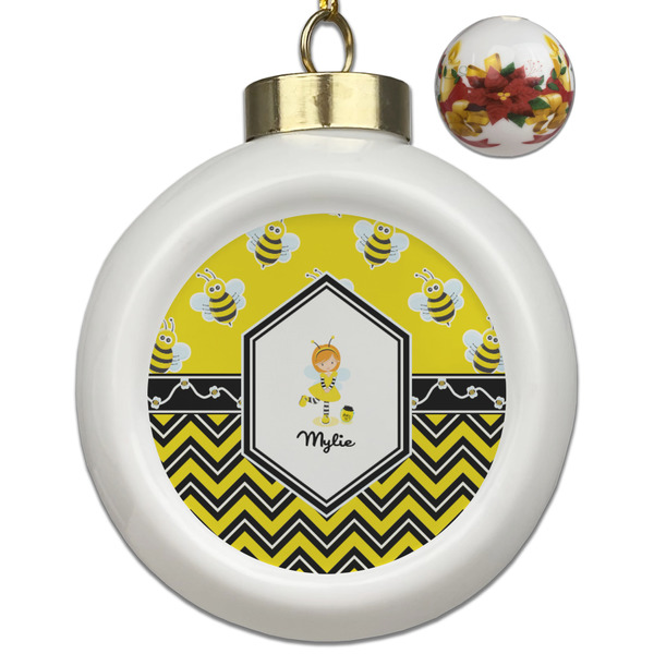Custom Buzzing Bee Ceramic Ball Ornaments - Poinsettia Garland (Personalized)
