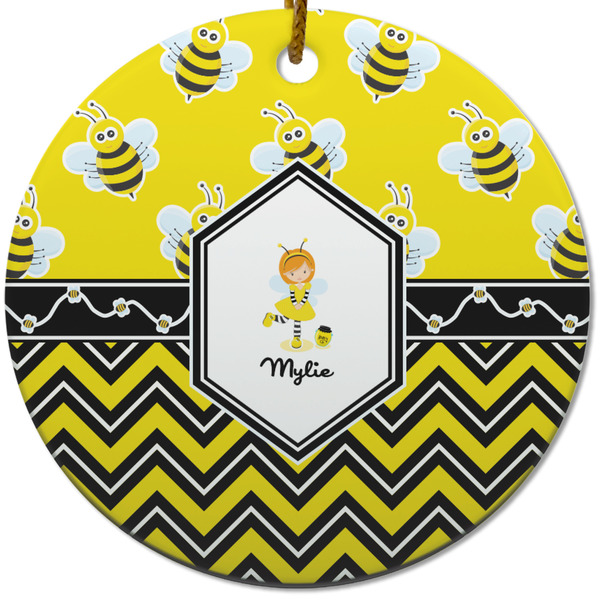 Custom Buzzing Bee Round Ceramic Ornament w/ Name or Text