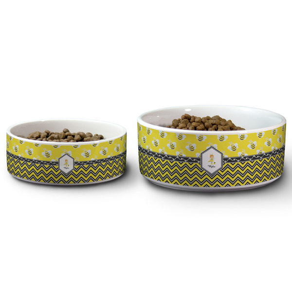 Buzzing Bee Ceramic Dog Bowls - Size Comparison