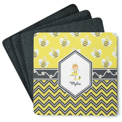 Buzzing Bee Square Rubber Backed Coasters - Set of 4 (Personalized)