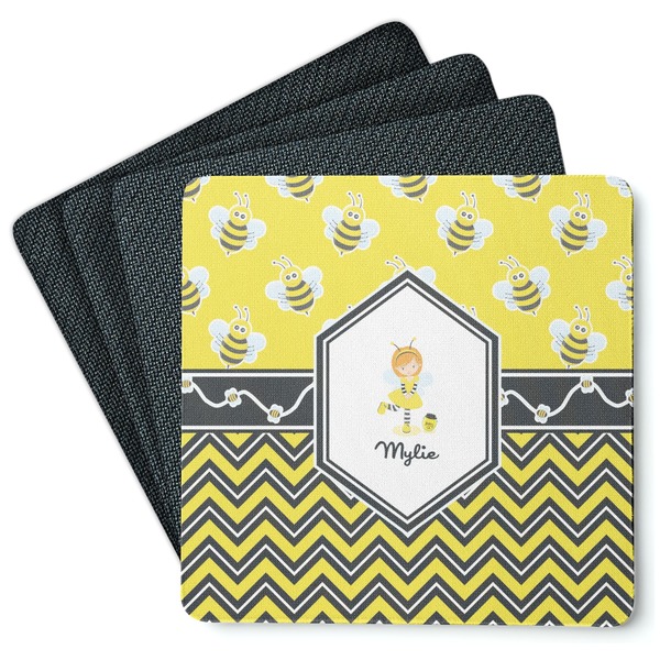 Custom Buzzing Bee Square Rubber Backed Coasters - Set of 4 (Personalized)